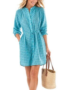Xirena Winnie Gingham Shirt Dress Tie Waist Coastal Blue Mini
